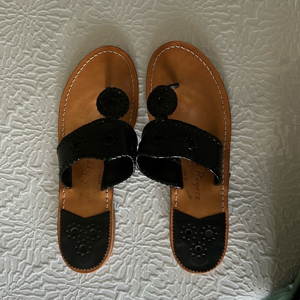 Jack Rogers sandals. Black leather with patent leather trim. Leather soles. EUC.